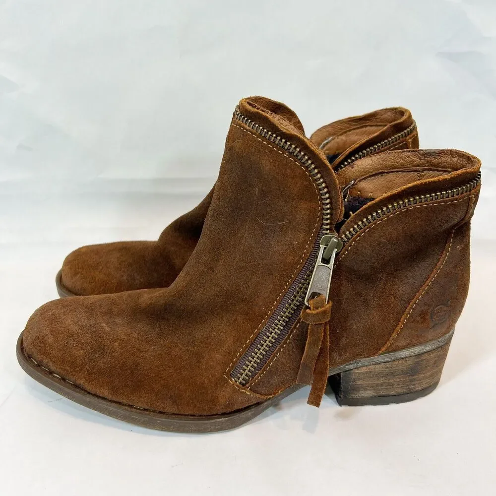 BORN Suede Leather Brown Zipper Ankle Boots Size 7.5M BOHO Casual